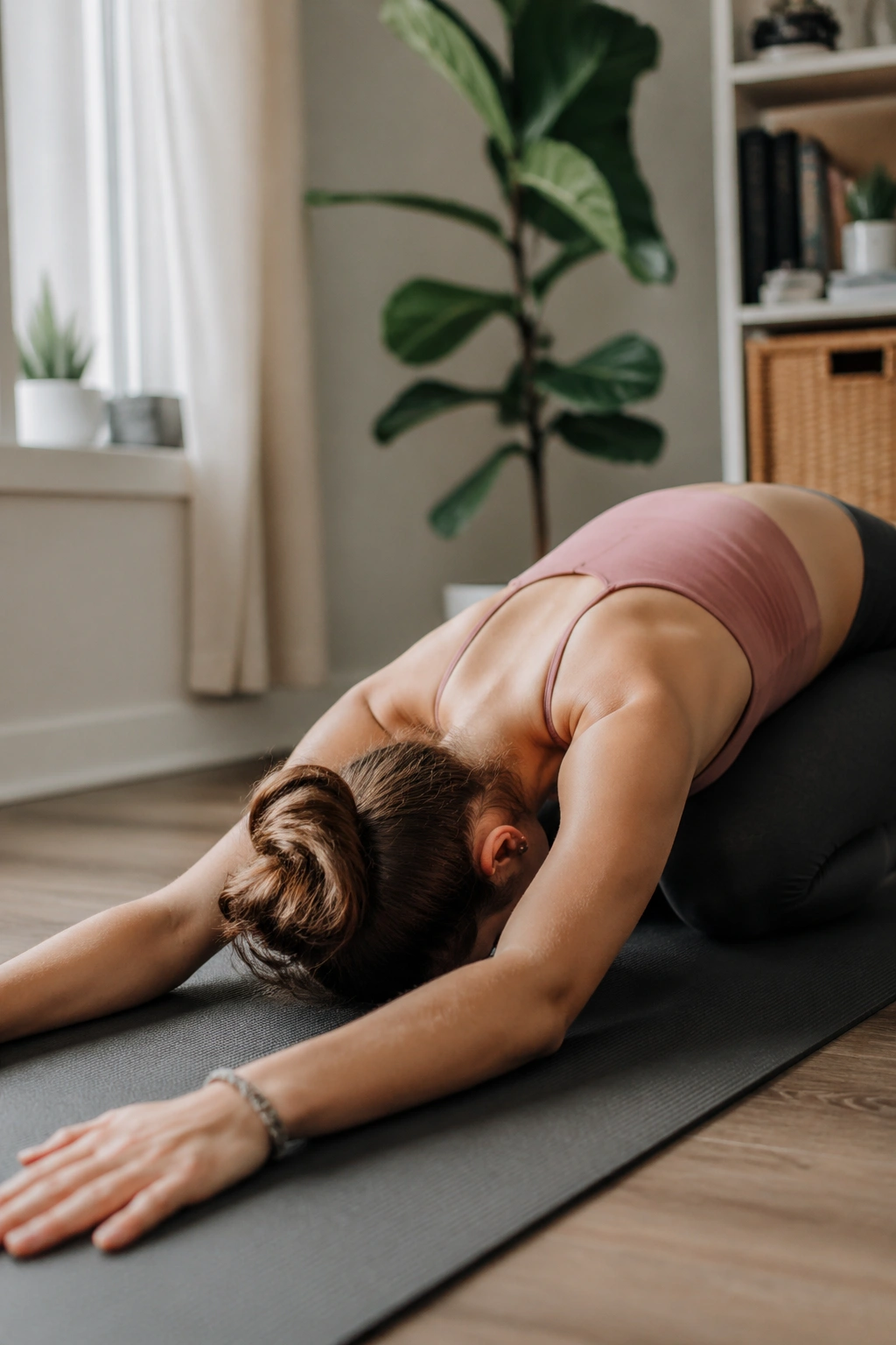 Teen performing Puppy Pose on yoga mat to open chest and shoulders
