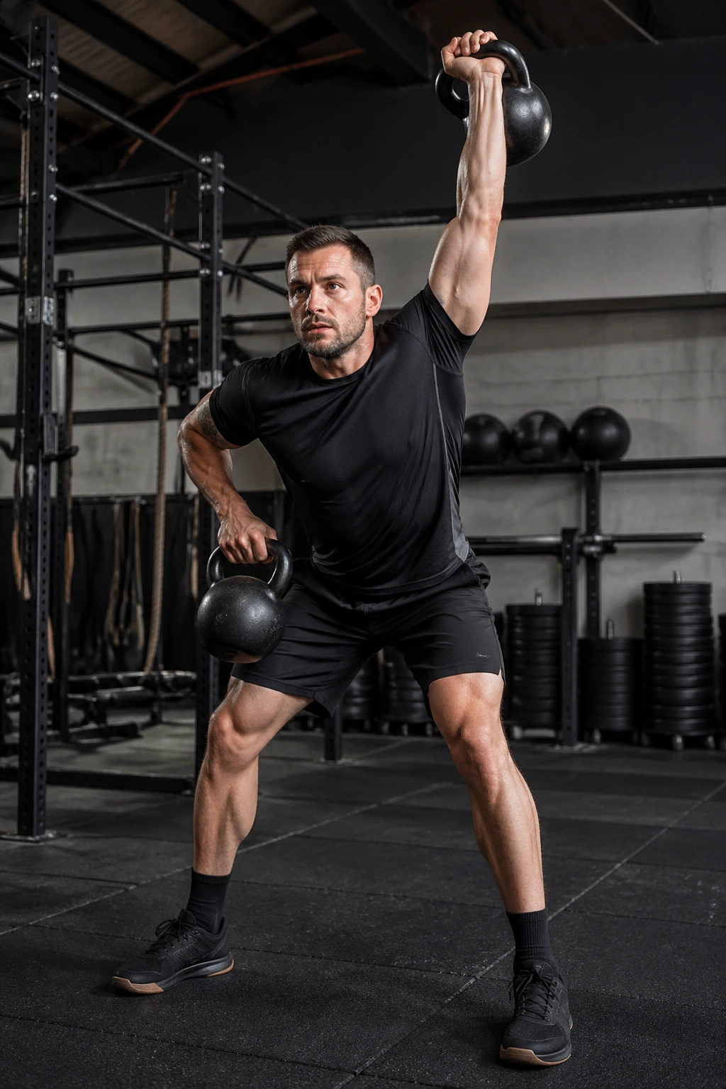 Lifter performing push press and bent-over row with kettlebells in gym