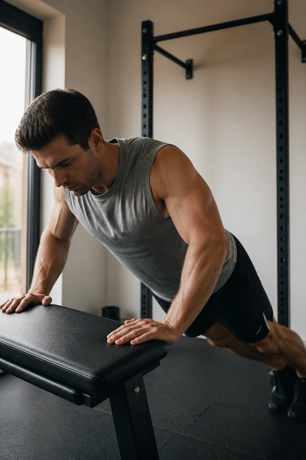 Person performing incline push-ups as part of a push-pull bodyweight routine