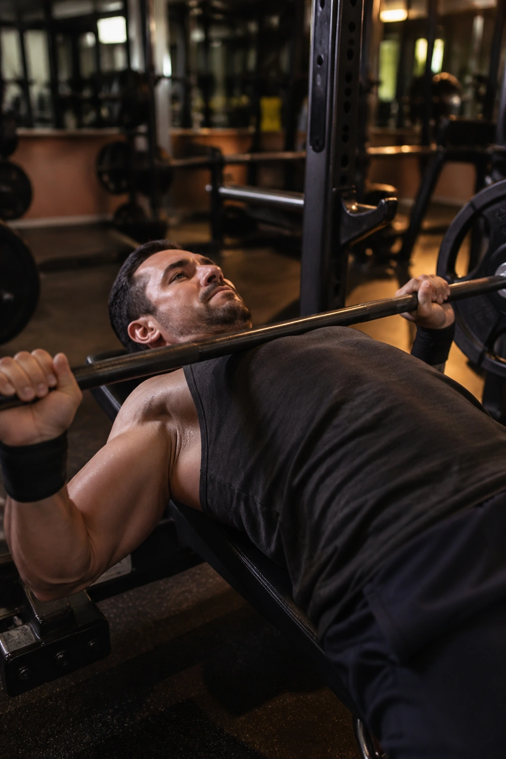 Lifter bench pressing in a gym, representing the push component of PPL
