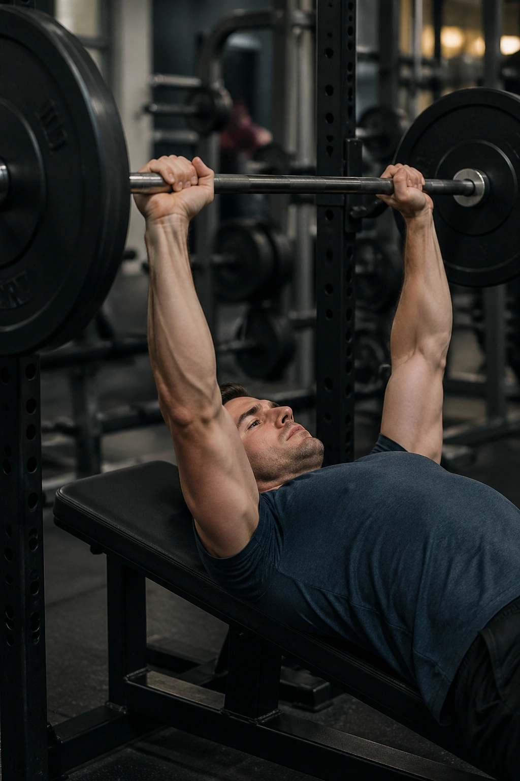 Person bench pressing in gym, demonstrating push block