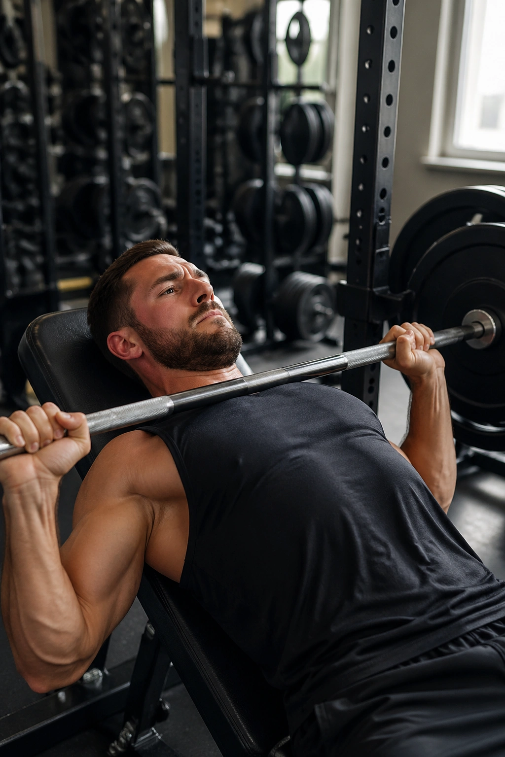 Person bench pressing in gym as part of a rotating push/pull/legs routine.