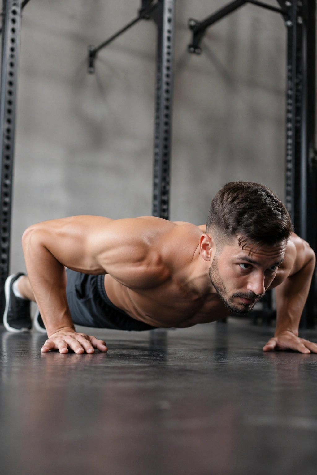 Person performing a push-up with body straight on a gym floor.