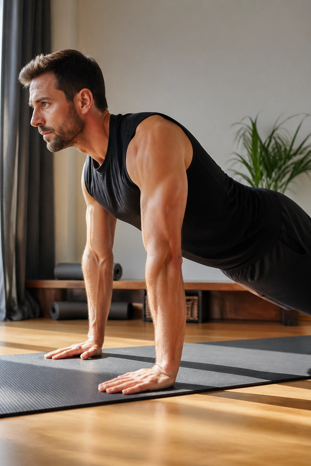 Close-up of a person performing a push-up plus on a mat, showing shoulder blade stabilization and protraction