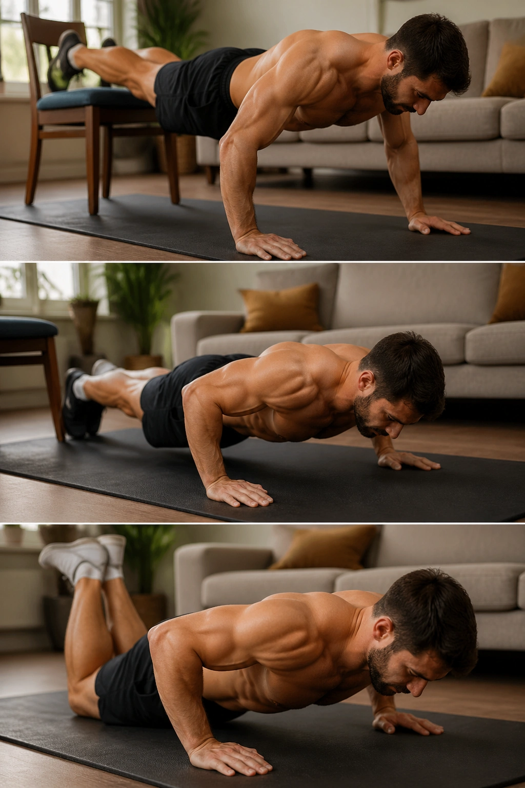 Close-up of a person performing a push-up progression on a mat in a home setting, emphasizing chest and arms