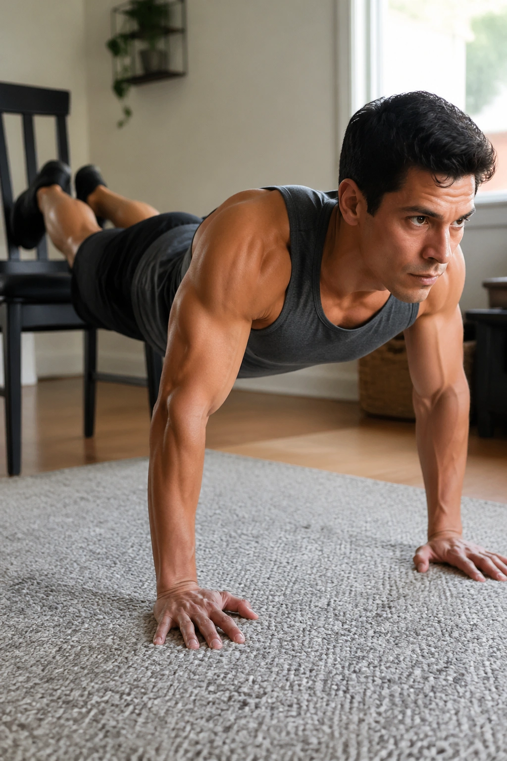 Close-up of a real person performing a feet-elevated push-up at home