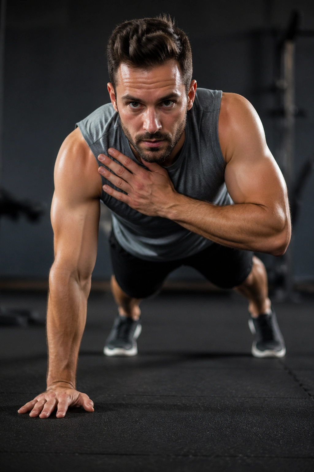 Real person performing push-up to shoulder tap in gym floor