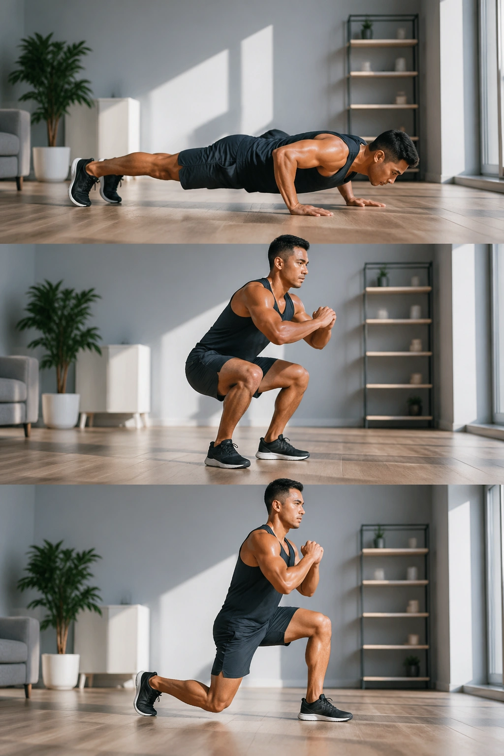 Athlete transitioning from push-up to squat to lunge in a home setting.
