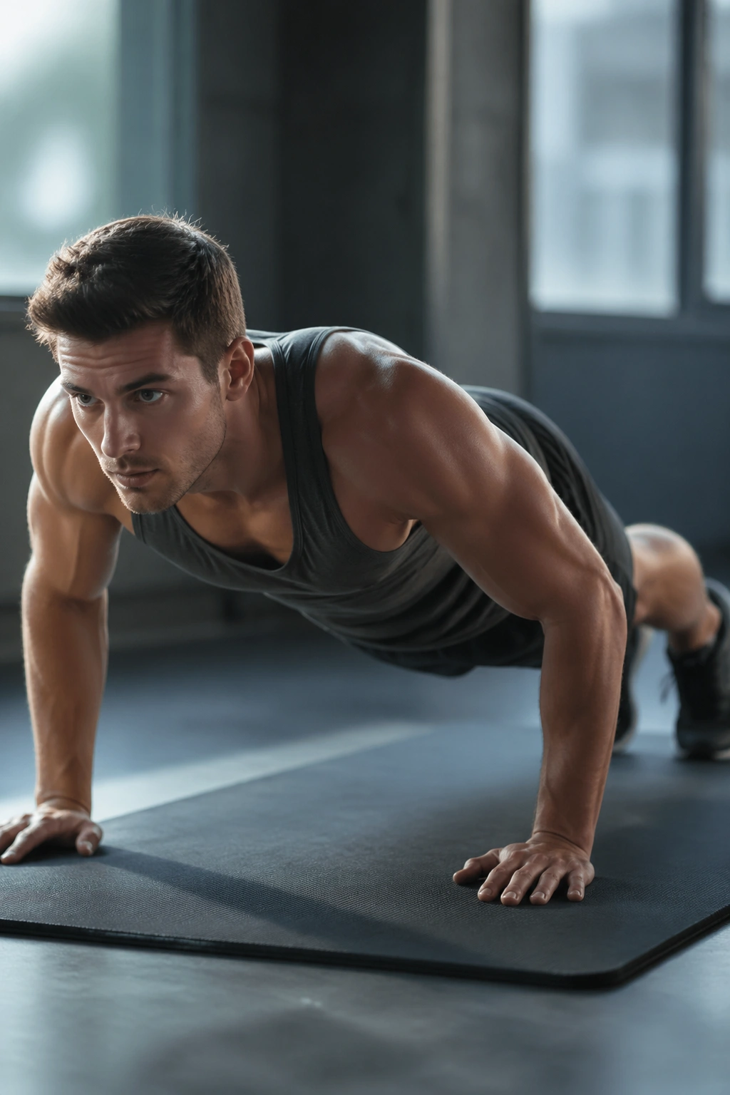 Person performing push-up on gym mat