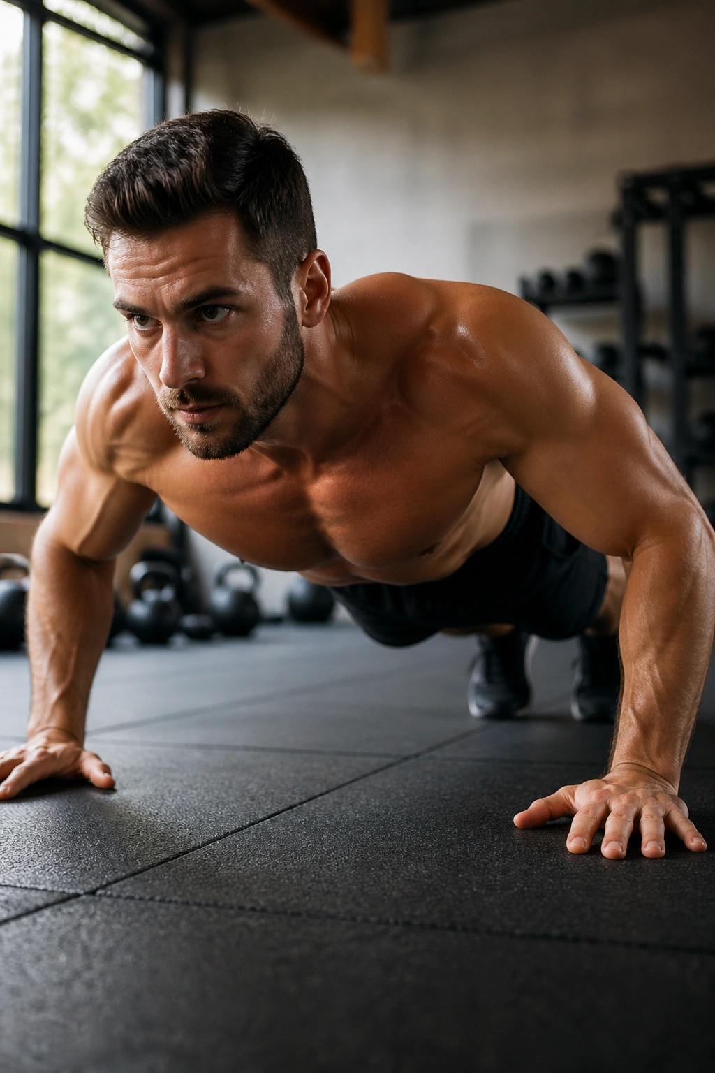 Person performing push-up to tighten upper body with core engaged