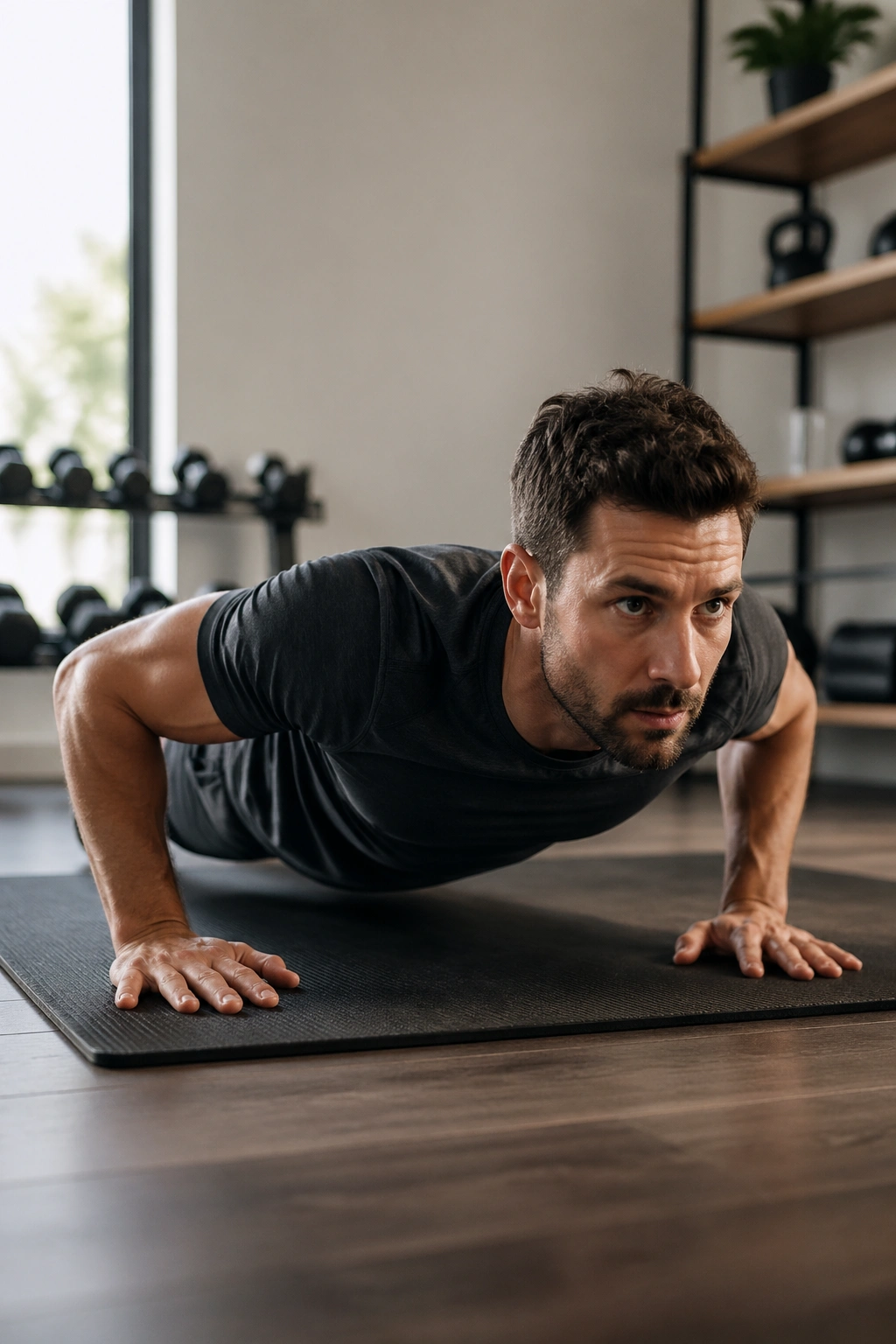 Person performing push-ups on a gym mat in a bright home gym