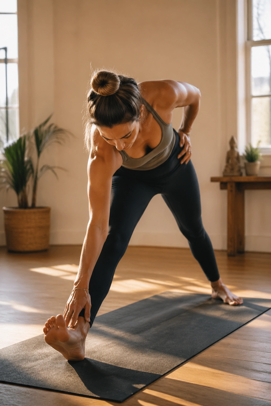 Real person performing Pyramid Pose with hips squared on a yoga mat