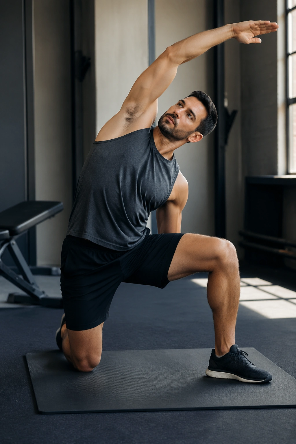 Close-up of a real person performing a half-kneeling side-bend to stretch QL and lat muscles in a gym setting.
