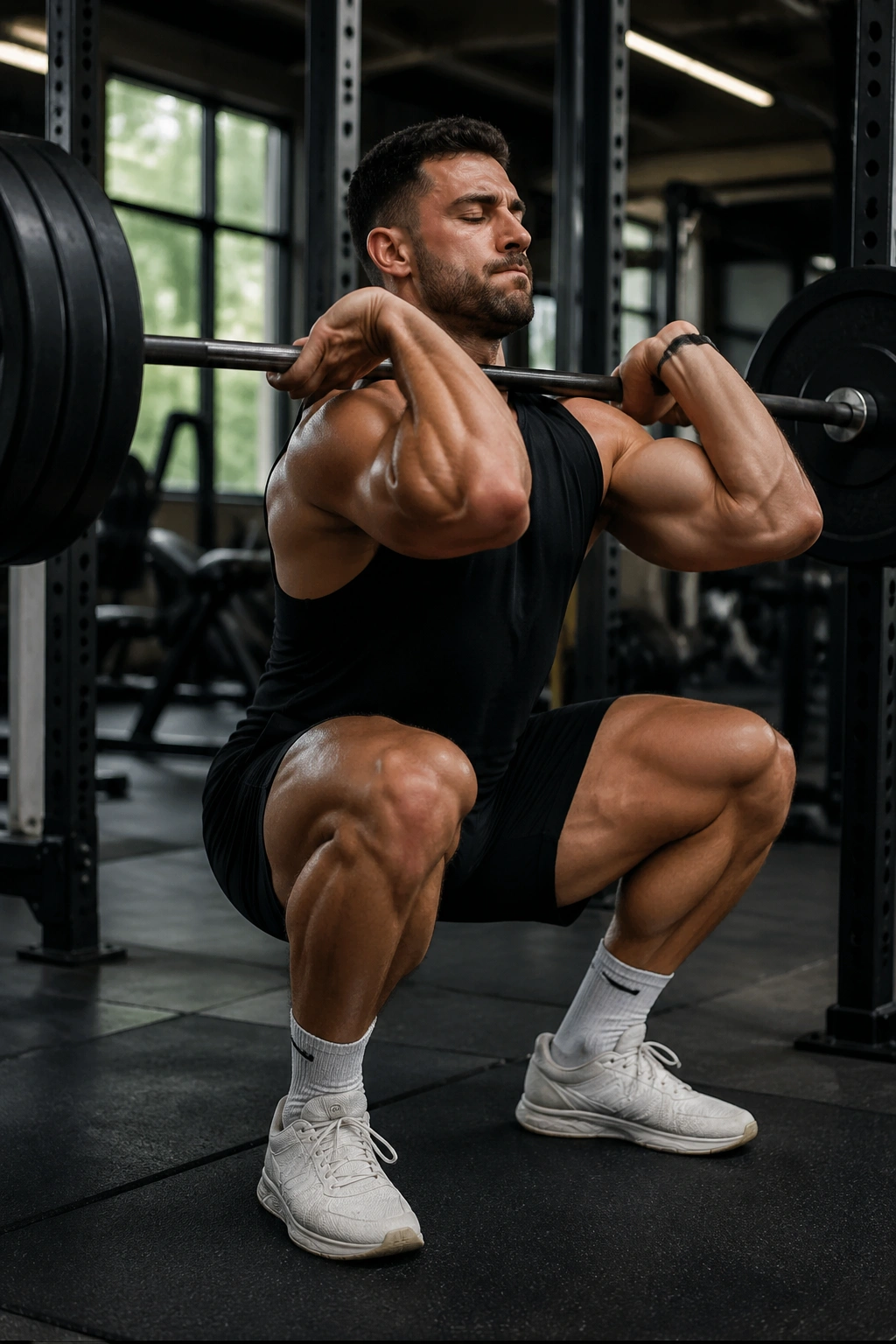 Lifter performing a front squat with strong quad engagement in a gym.