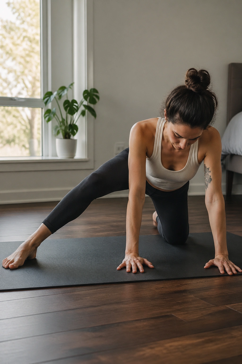 Real person performing quadruped adductor rockbacks on a mat