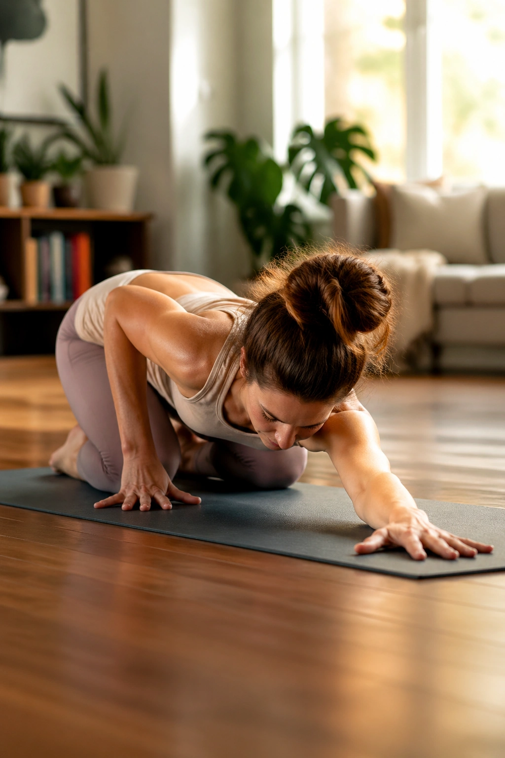 Close-up of a person performing quadruped rock-backs with reach on a yoga mat in a sunlit living room