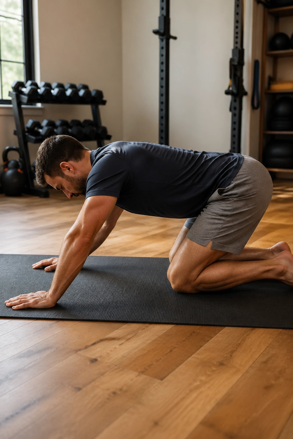 Person on all fours performing Quadruped Rock-Backs on a mat