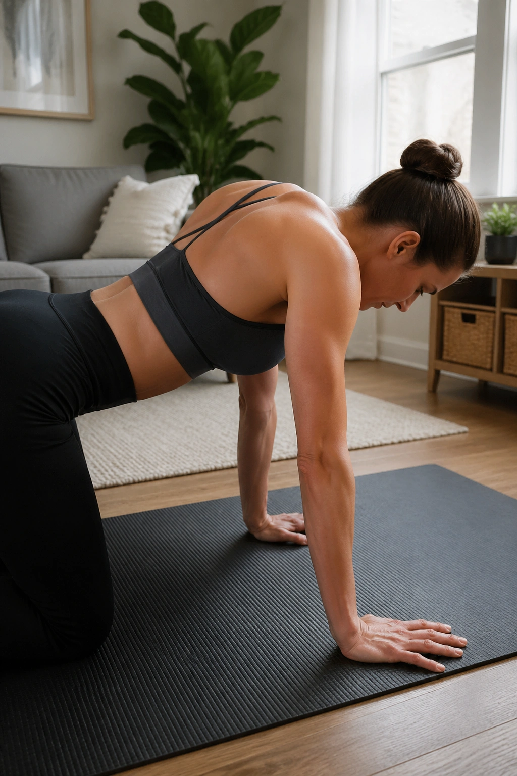 Person on hands and knees performing quadruped scapula glides with engaged upper back