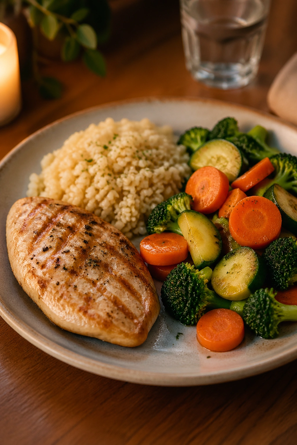 Dinner plate with protein, starch, and vegetables in a home setting