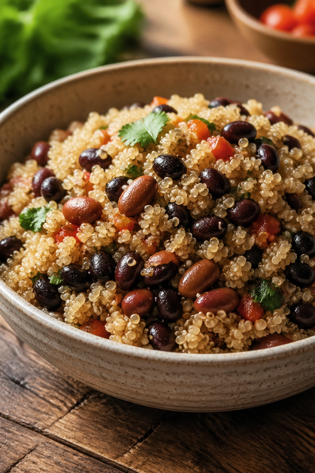 Close-up of quinoa bowl with beans on a wooden table, showing quinoa and beans
