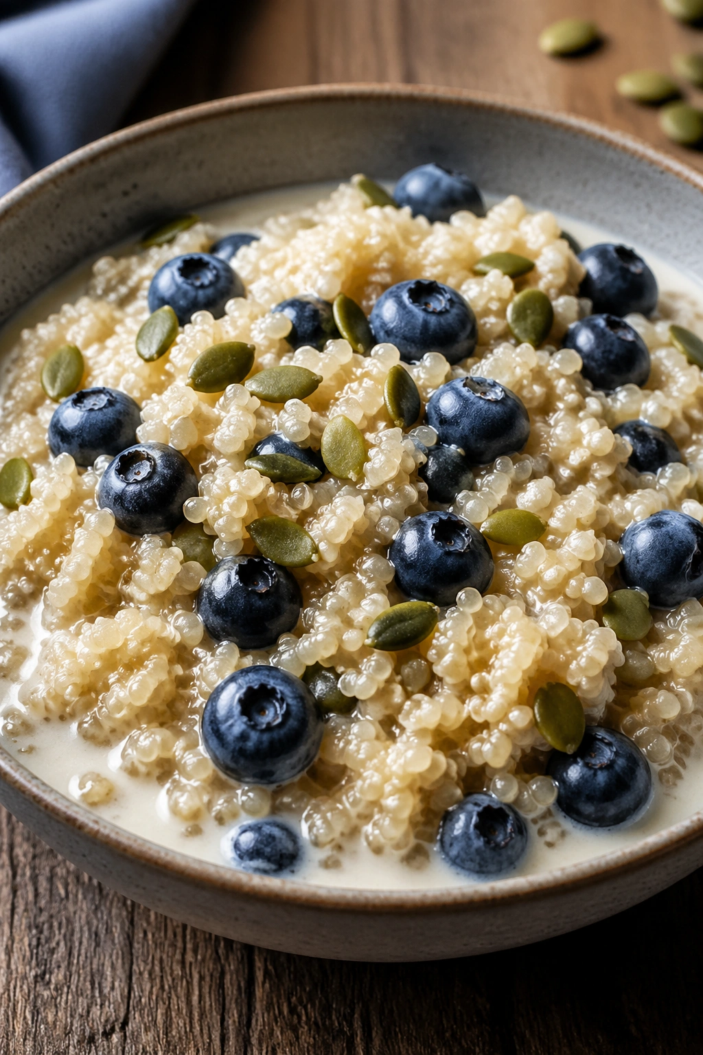 Quinoa breakfast porridge with blueberries and pumpkin seeds on a wooden table