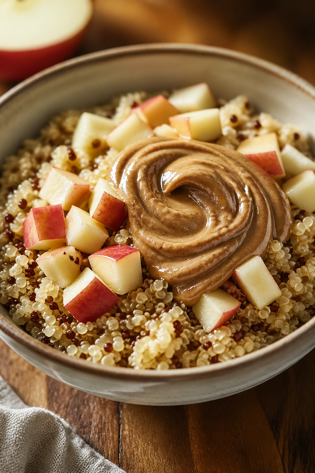 Quinoa breakfast bowl with apple and almond butter in a cozy kitchen