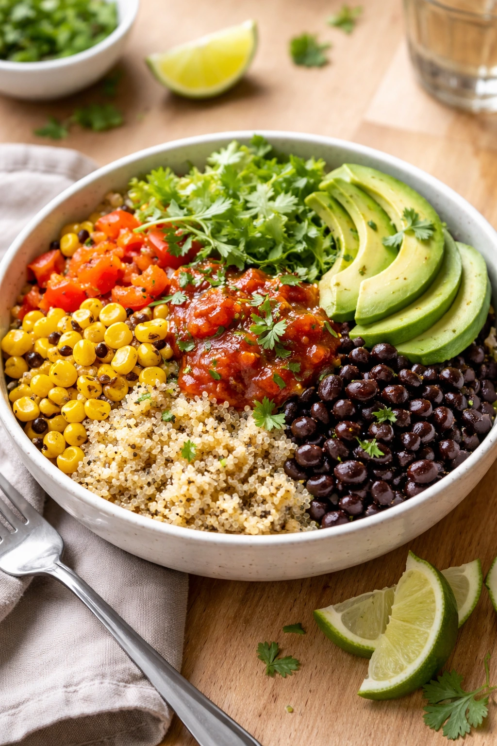 Close-up of quinoa black bean burrito bowl with corn, peppers, lettuce and avocado on a wooden counter