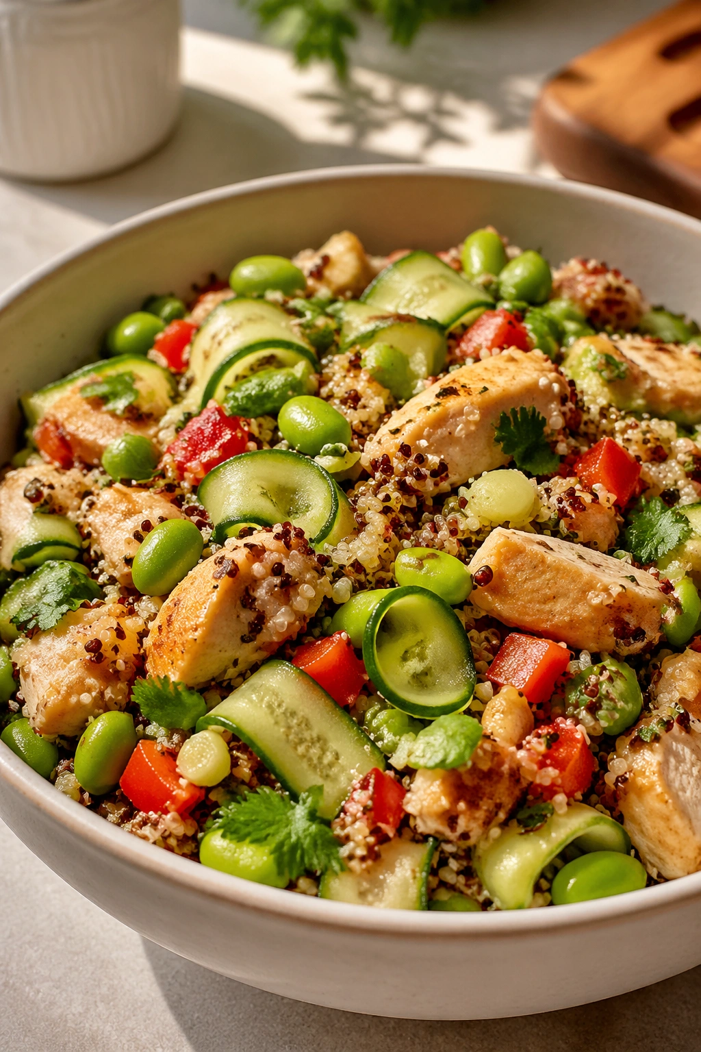 Quinoa chicken edamame salad in a colorful bowl.