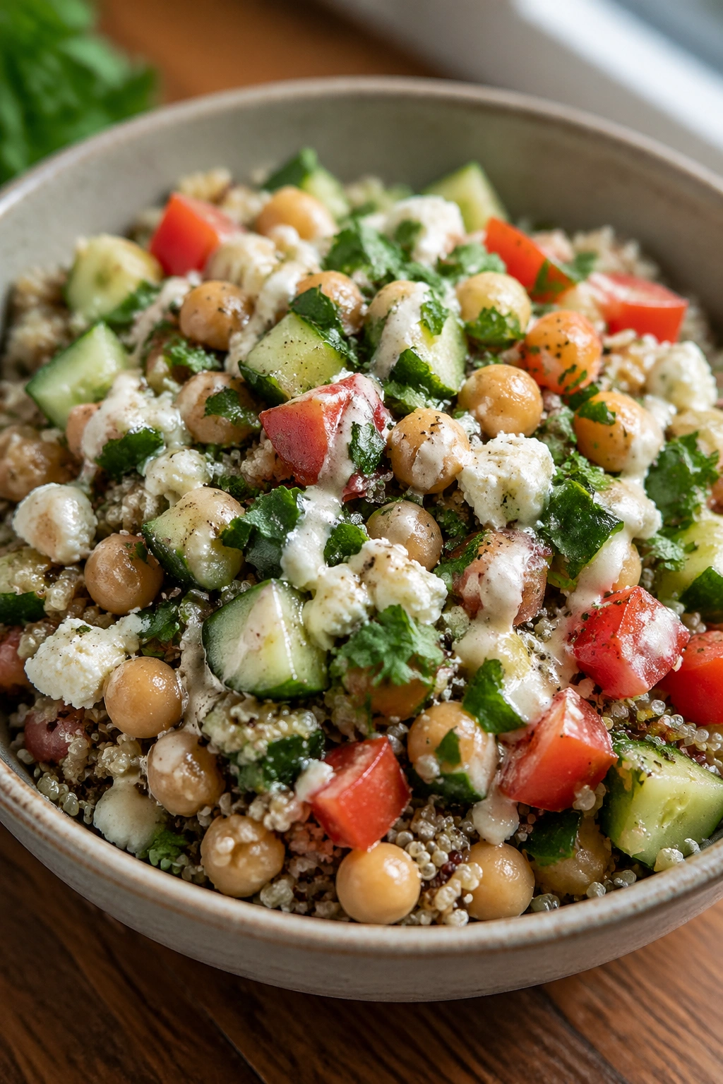 Close-up of quinoa chickpea bowl with feta and cucumber on a wooden kitchen counter