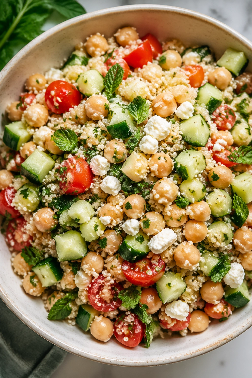 Close-up of quinoa chickpea salad with feta and herbs in a bowl