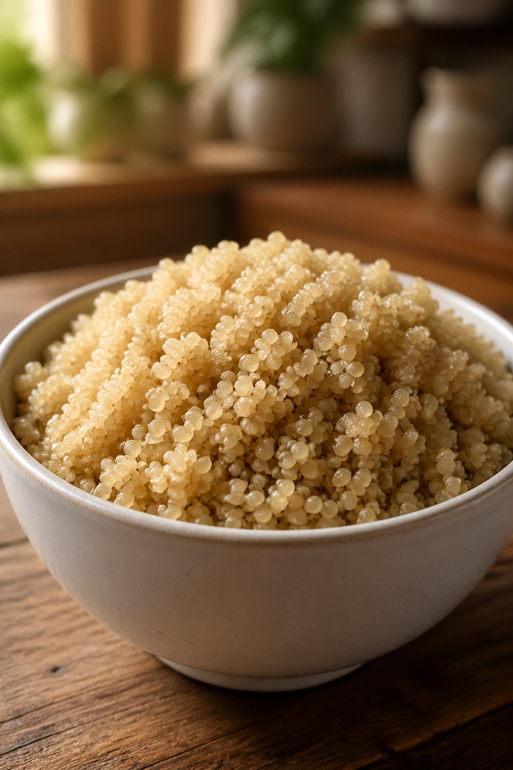 Close-up of cooked quinoa in a small bowl on a wooden table