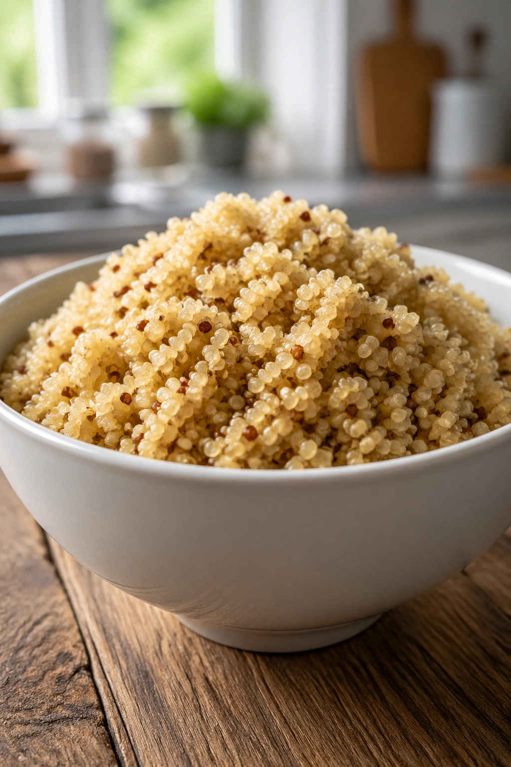Close-up of fluffy quinoa mound in a white bowl on a wooden counter