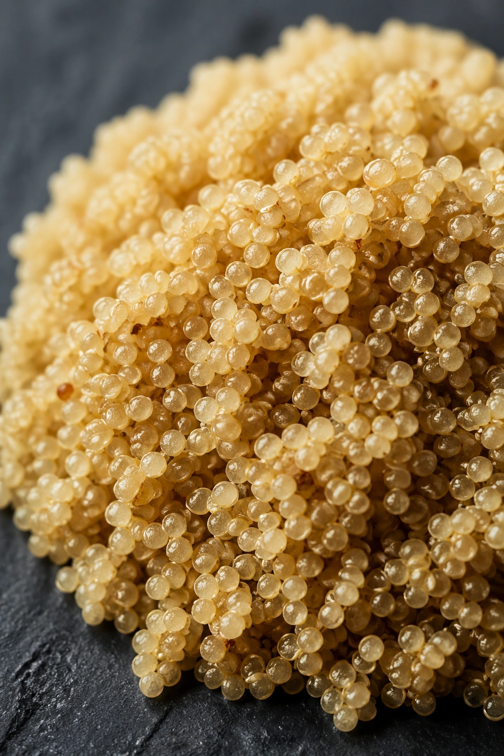 Close-up of fluffy cooked quinoa mound on a dark slate surface