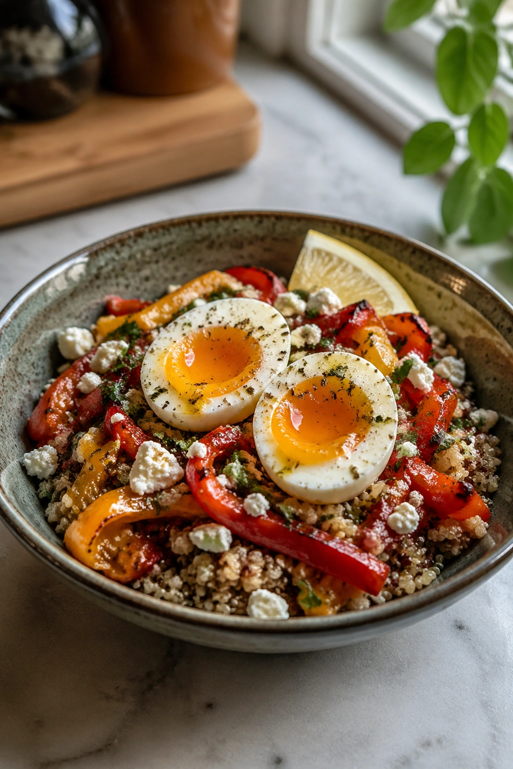 Quinoa bowl with jammy eggs and peppers on a plate.