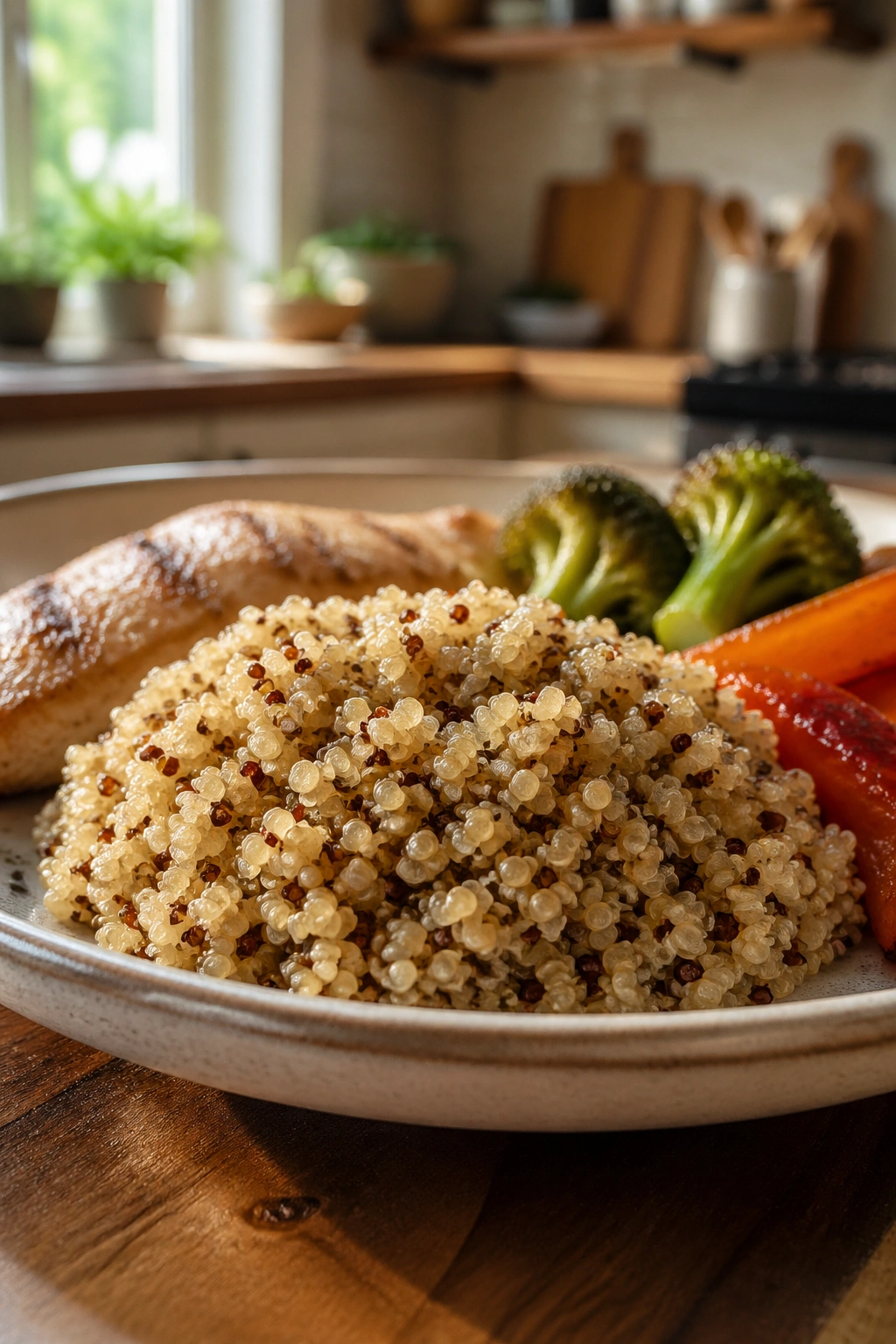 Close-up of quinoa-centered plate showing a measured portion with vegetables, illustrating whole-grain portion control