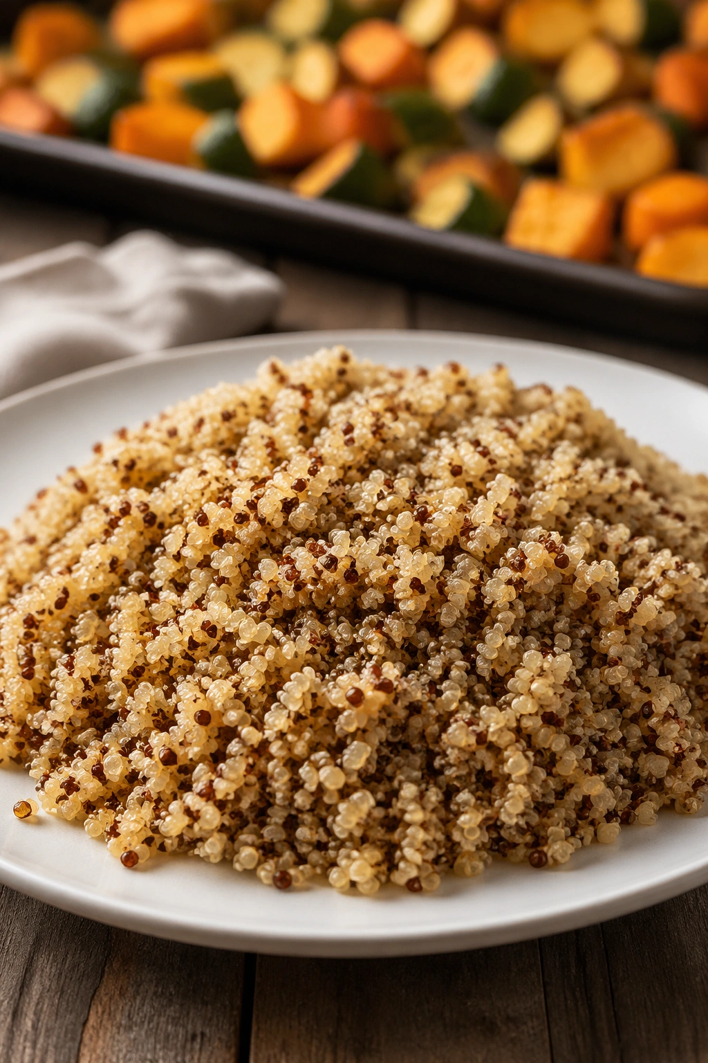 Close-up of cooked quinoa mound on plate in a kitchen setting