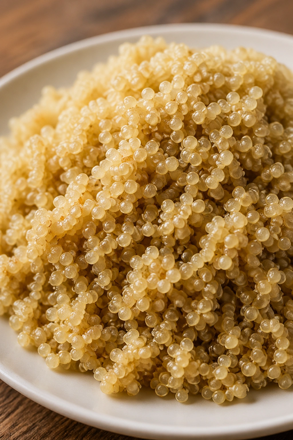 Close-up of fluffy cooked quinoa on a plain plate under warm light