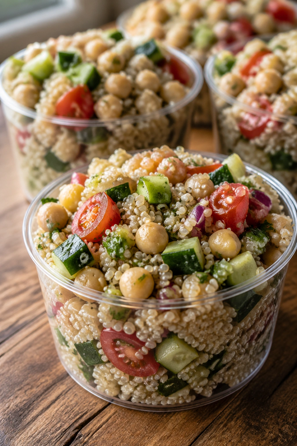 Close-up of quinoa salad cups on a rustic kitchen counter, vibrant veggies visible