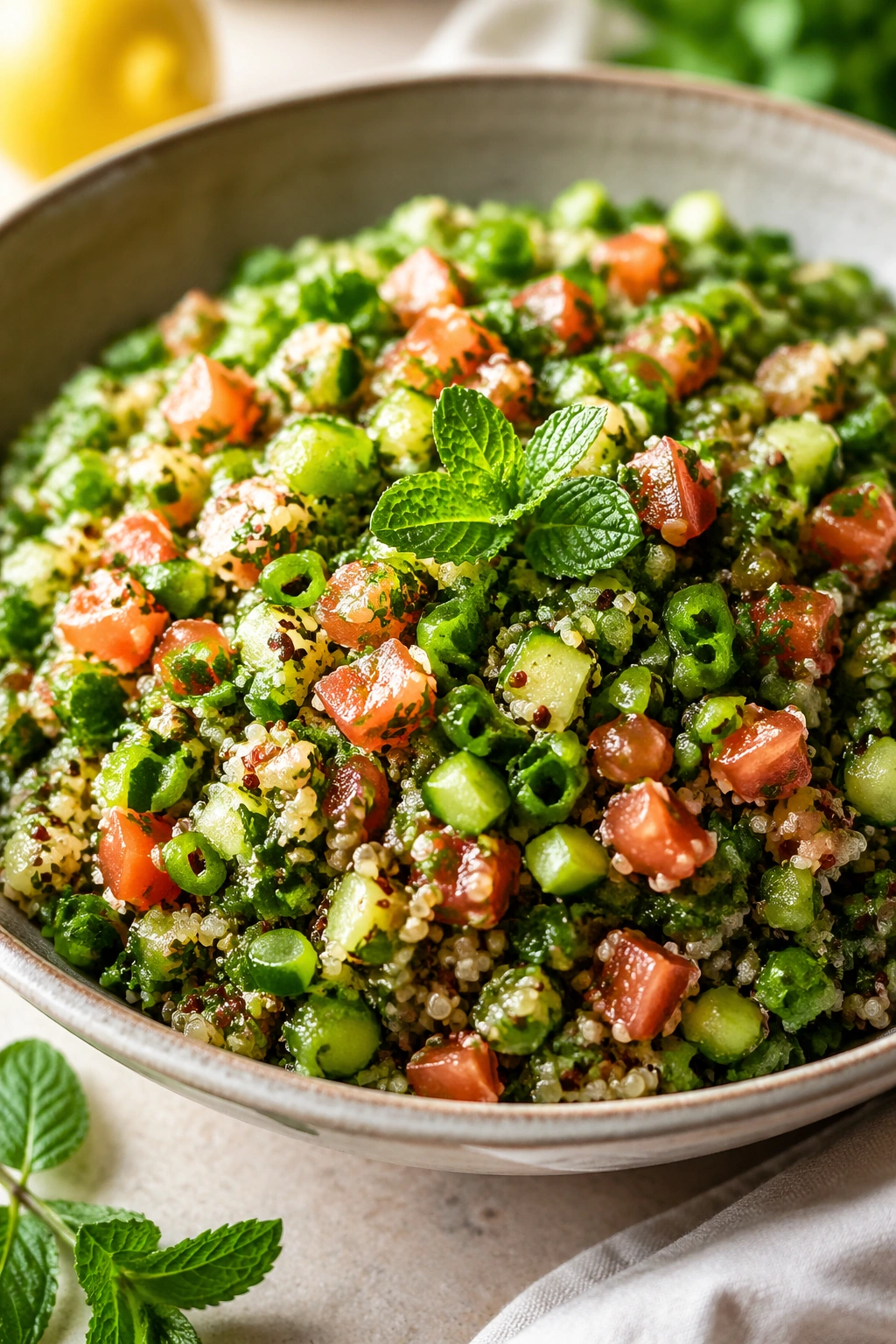 Close-up of quinoa tabbouleh salad with lots of herbs in a bowl.