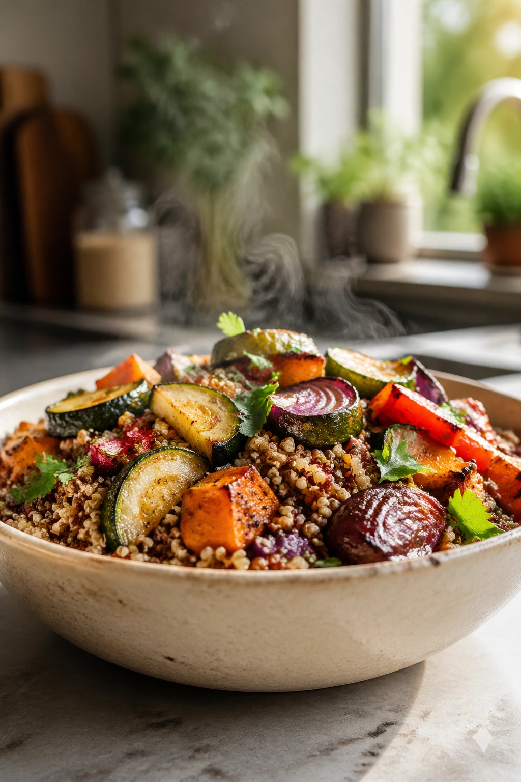 Medium close-up of a quinoa and vegetables bowl on a kitchen counter
