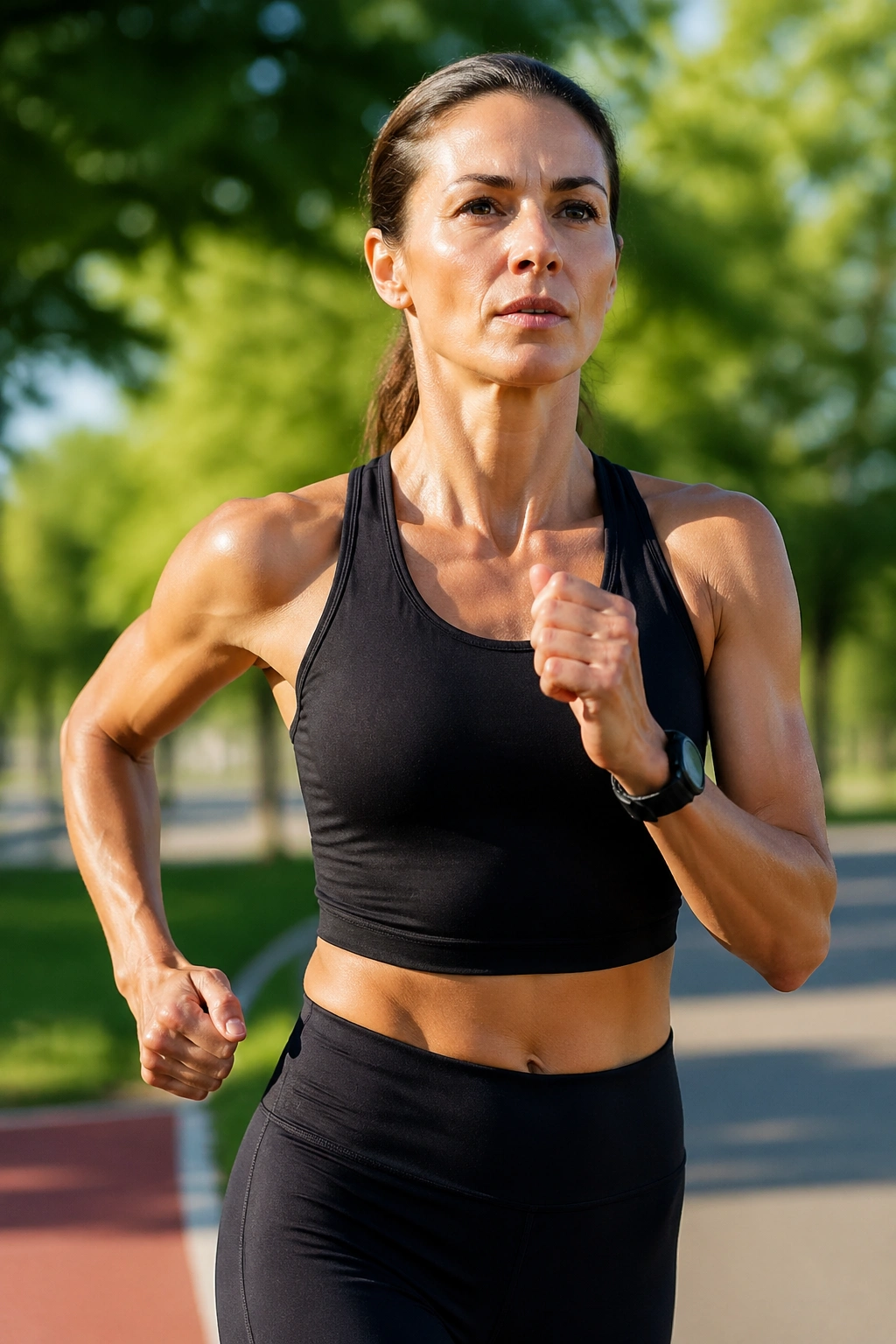 Close-up of a person racewalking with strong arm drive on a park path