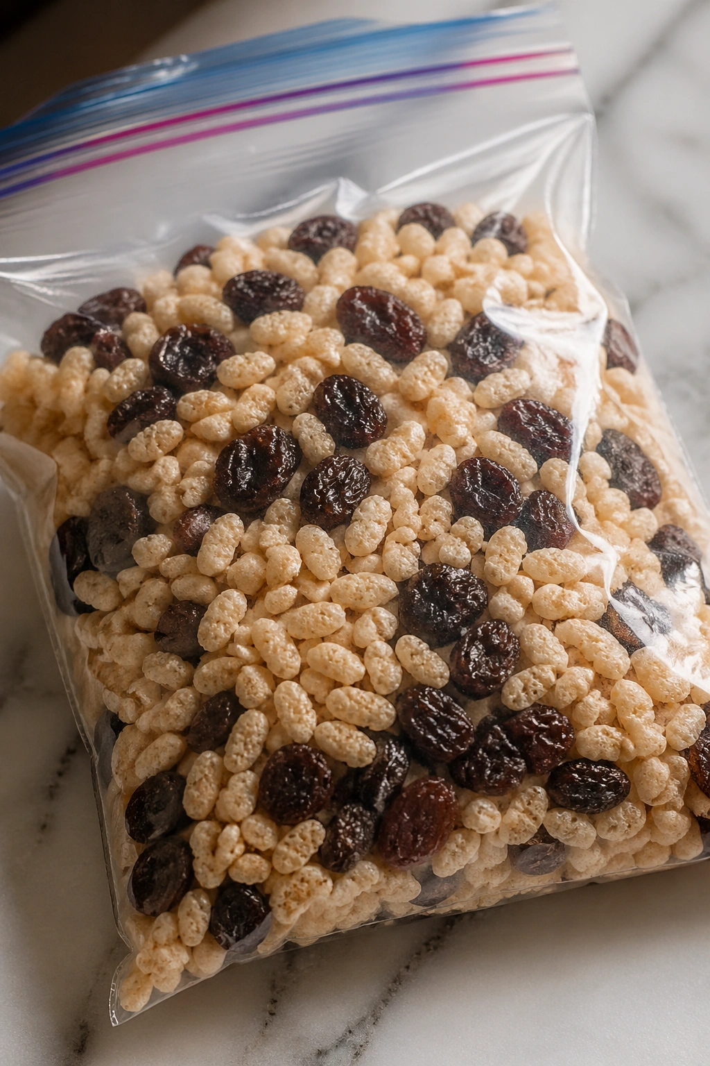 Zip bag with raisins and crispy rice cereal on a clean surface