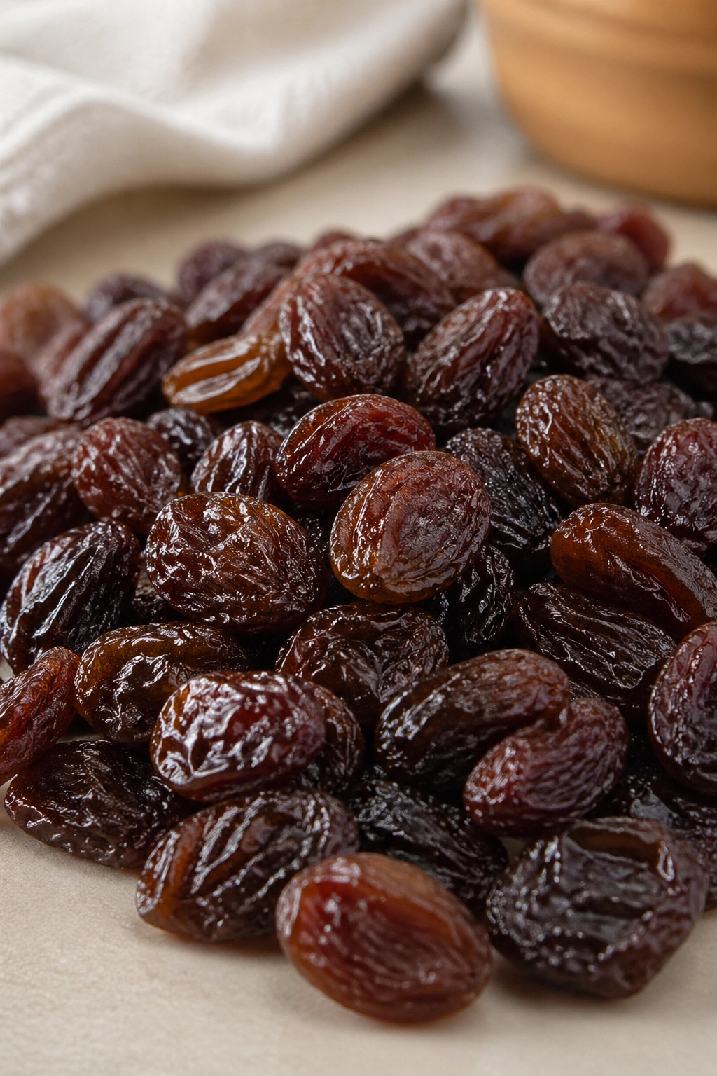 Close-up of raisins on a neutral surface