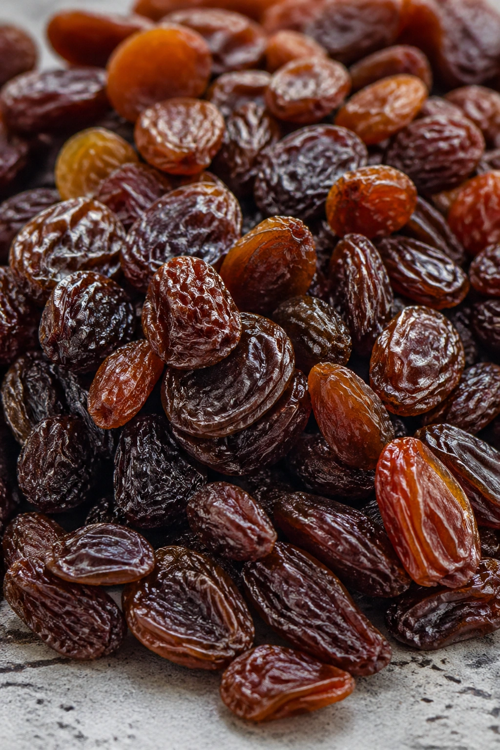Close-up of raisins on a neutral surface