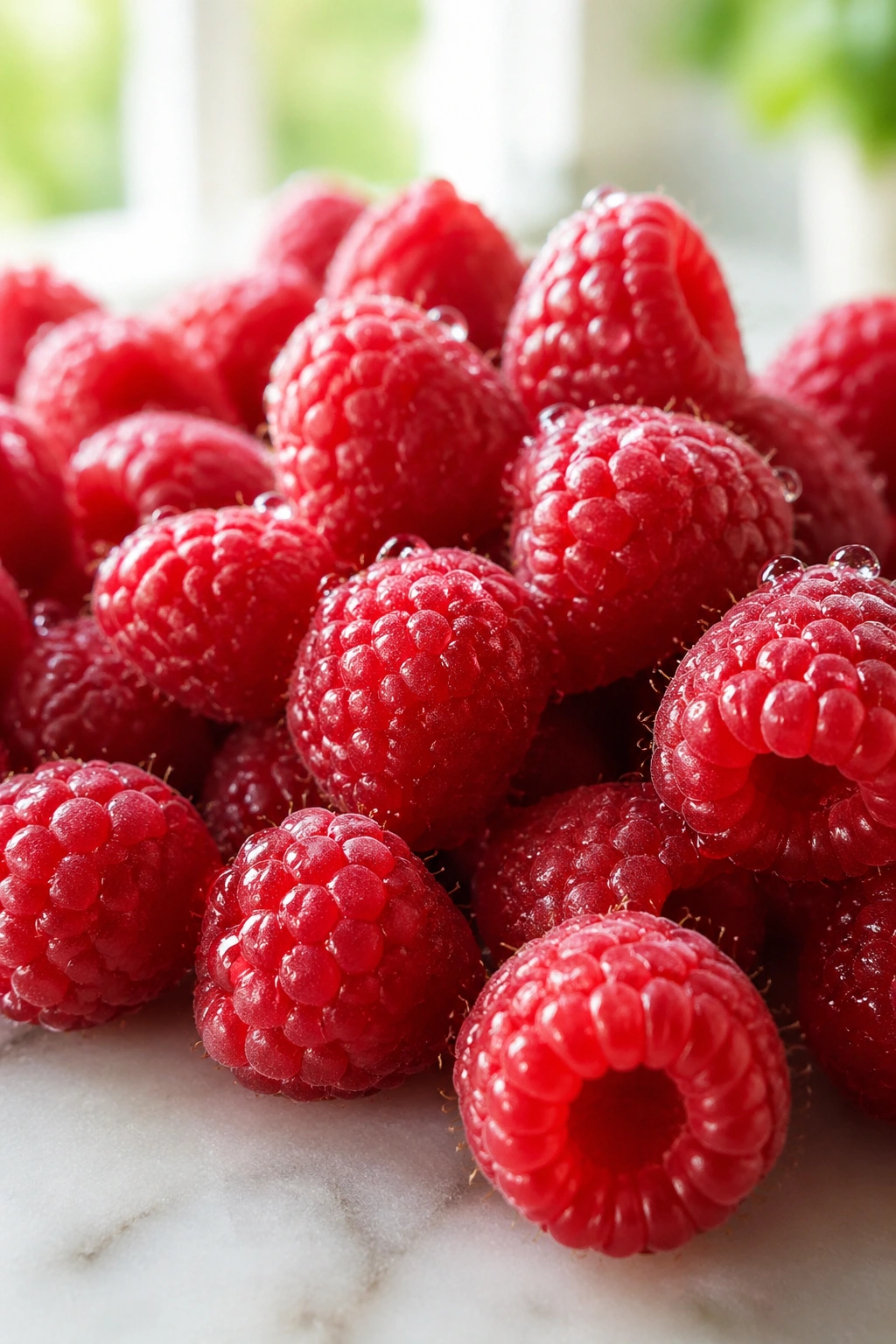Close-up of ripe raspberries on a kitchen counter