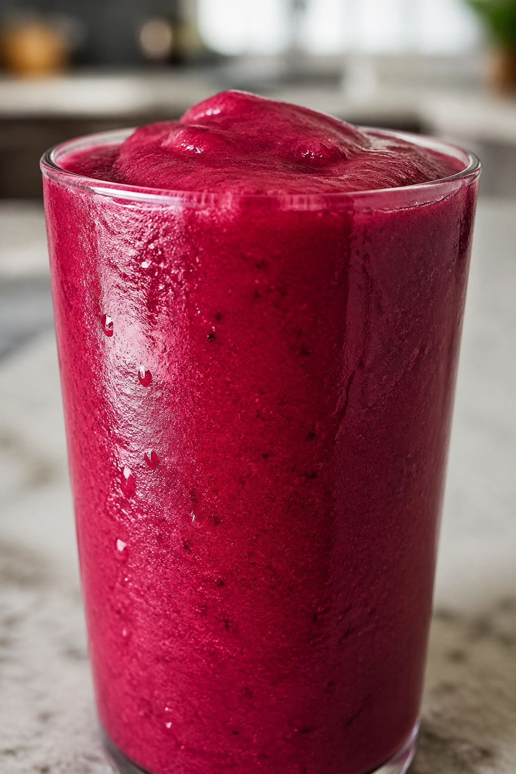 Close-up magenta beet raspberry smoothie in glass on neutral counter