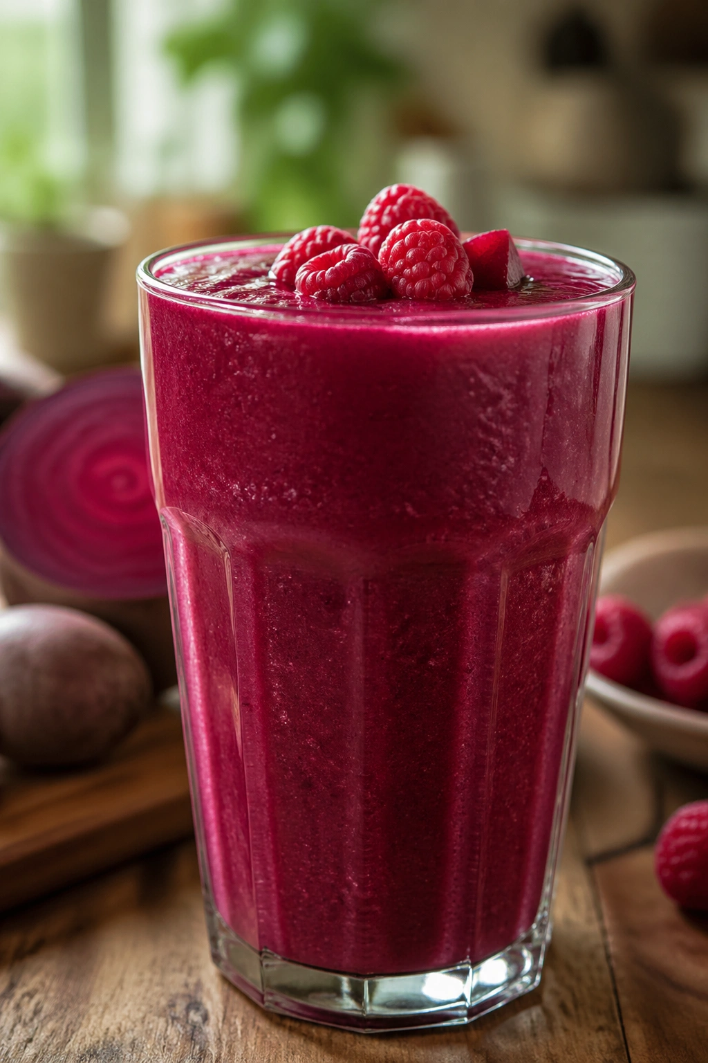 Close-up of raspberry beet smoothie in a glass on a sunlit kitchen counter