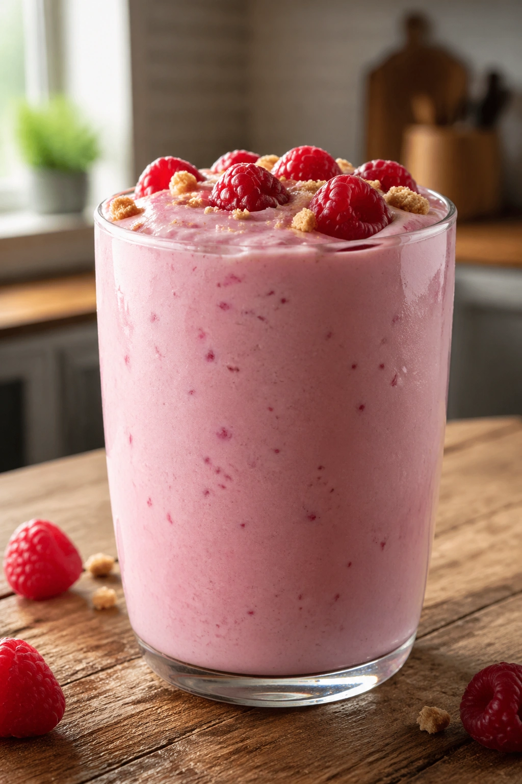 Thick pale pink Raspberry Cheesecake Shake in a glass on a rustic wooden kitchen counter