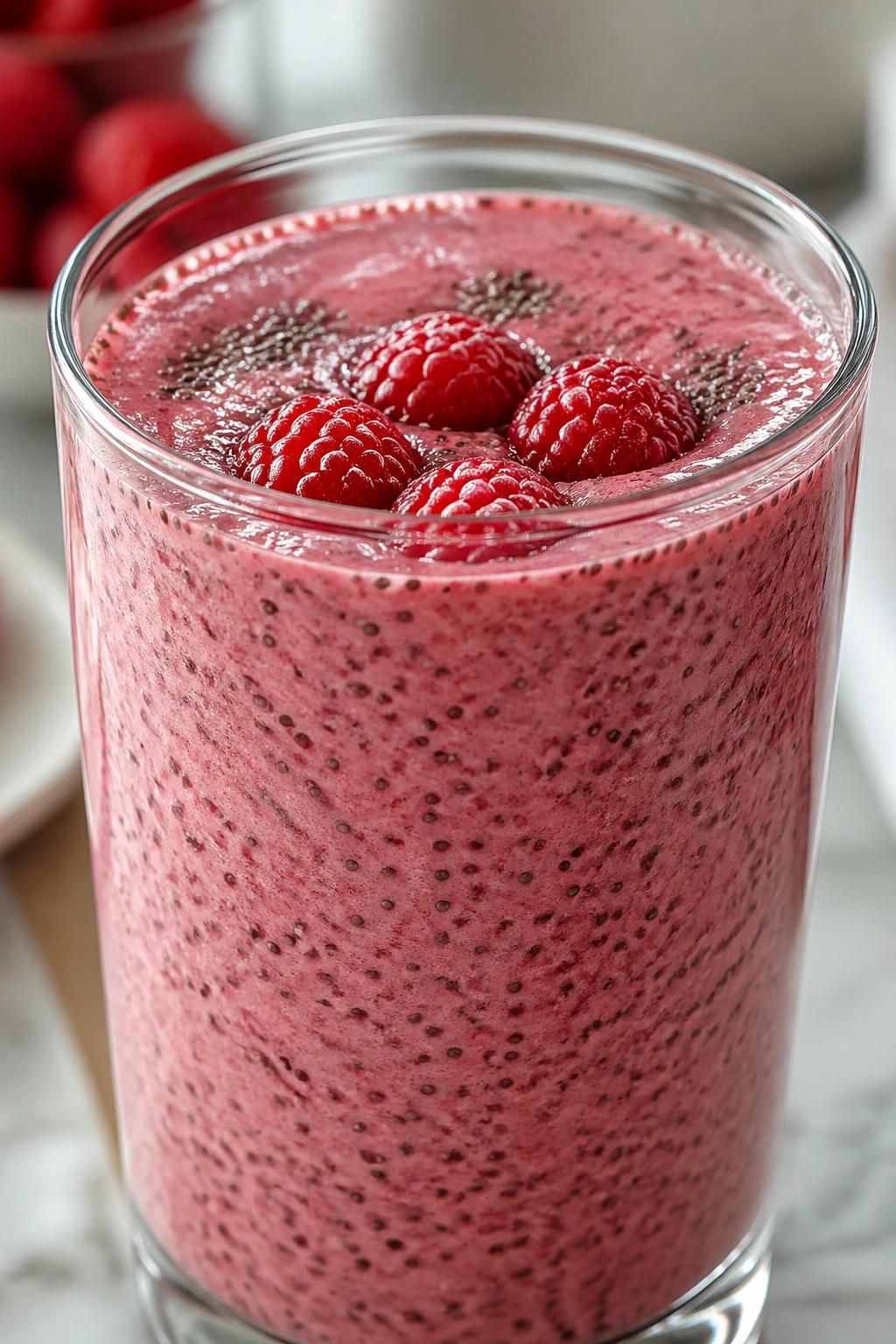 Glass of raspberry chia vanilla smoothie on a neutral kitchen counter.