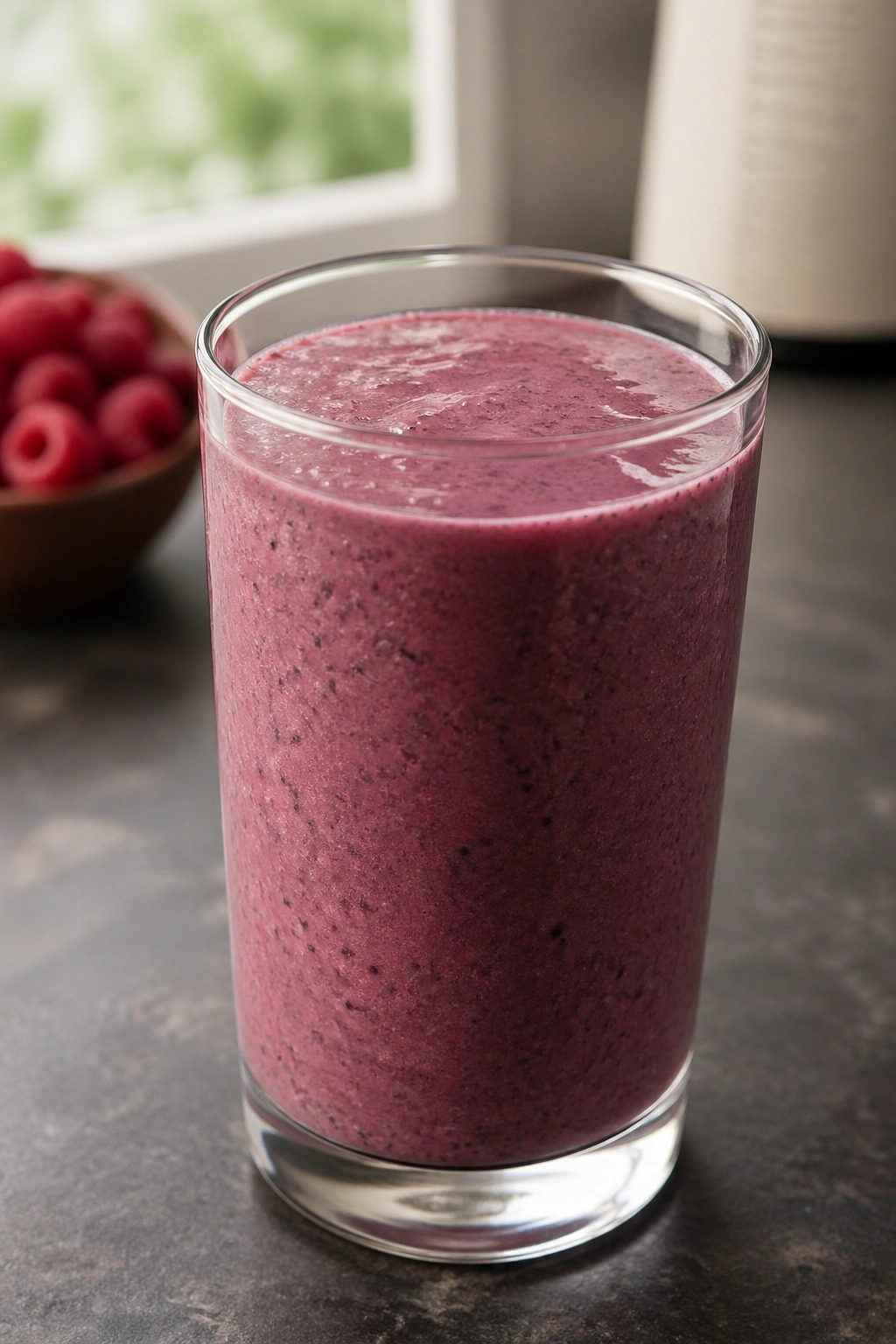 Raspberry Cocoa Chia Shake in a glass, thick texture with chia seeds